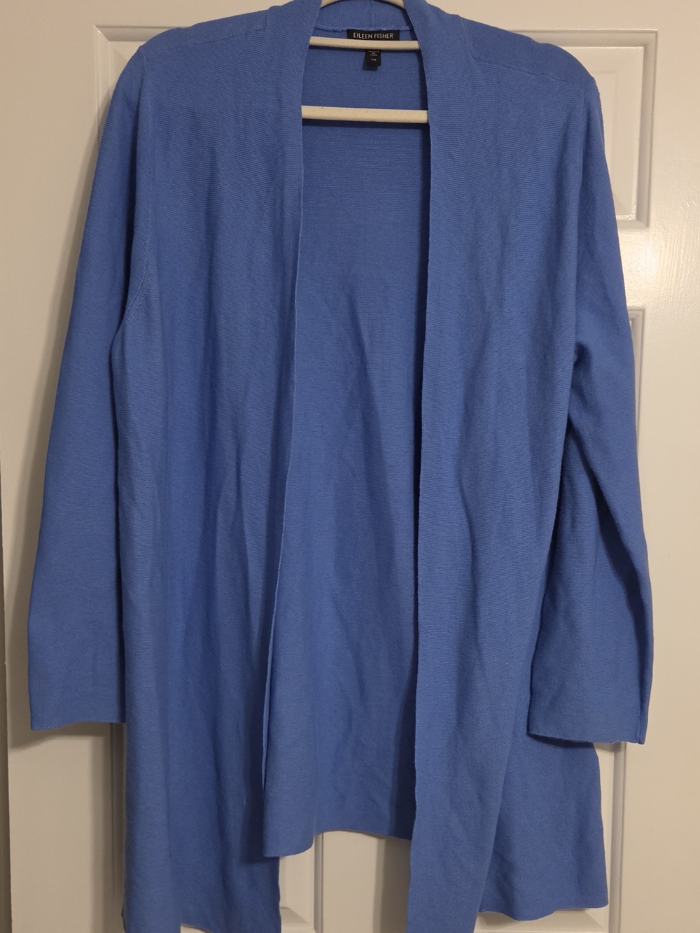 Eileen Fisher Cornflower Organic Cotton Silk Open Front Long Cardigan Blue Large